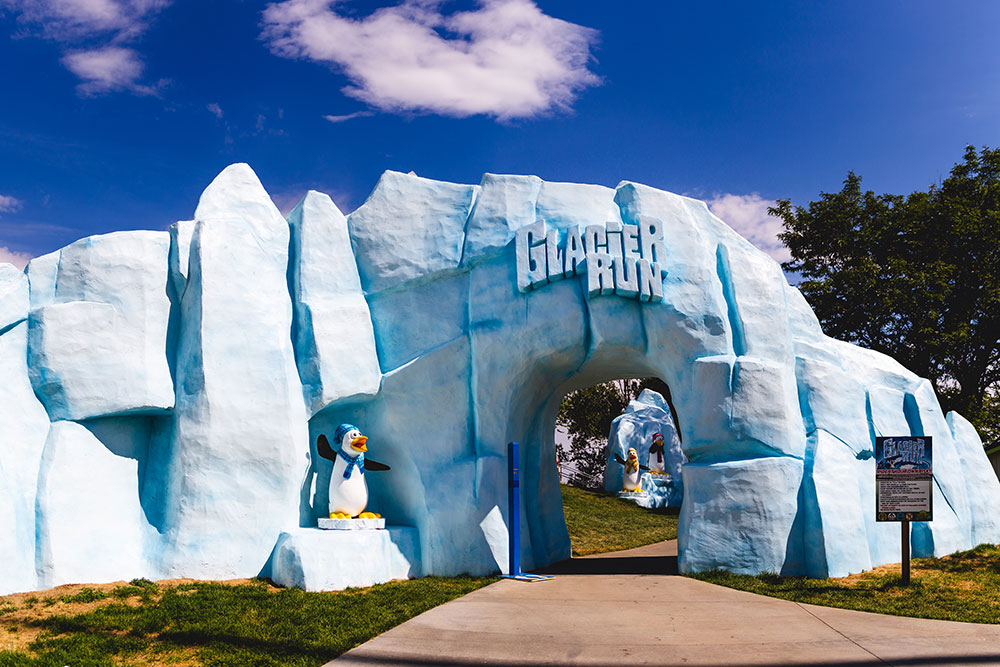 Glacier Run attraction entrance, penguin themed attraction, Water World