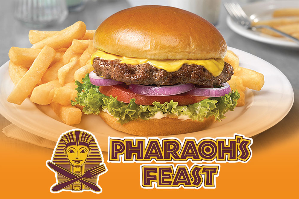Pharaoh's Feast logo, all day dining, Feature Image, Hamburger and Fries, Water World
